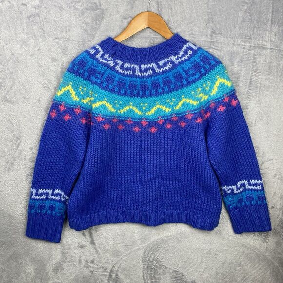 Vintage 90s Express Wool Fair Isle Chunky Sweater Size Large Blue Pink Ski Snow - Picture 3 of 5